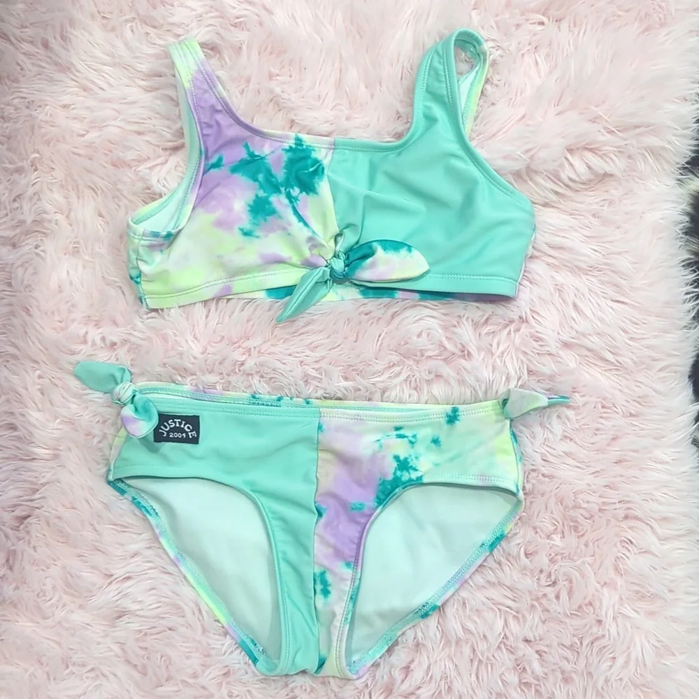 3/$30 JUSTICE Tie Dye/Aqua Color Block sporty 2 Piece Swimsuit Bikini Sz 12-4(L)
